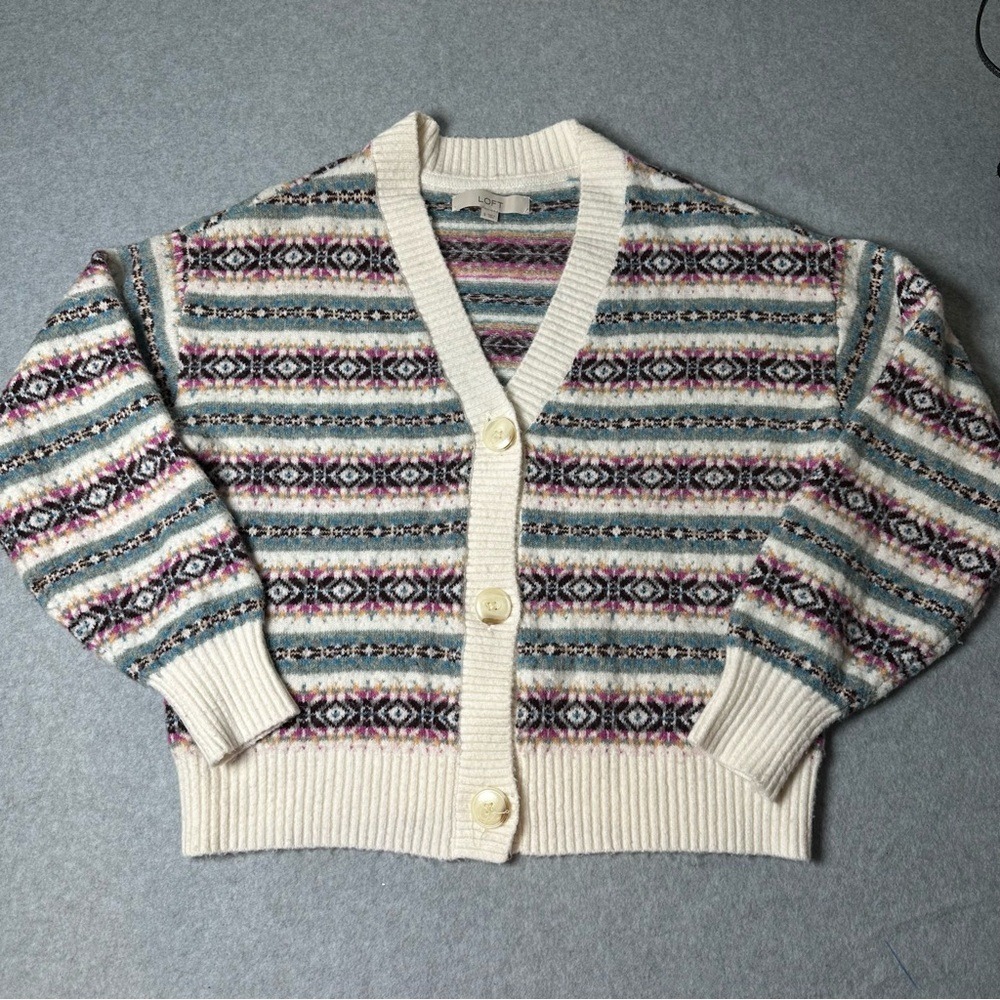 Loft Womens Fair‎ Isle V-Neck Cardigan Sweater Multi Color Knit Small